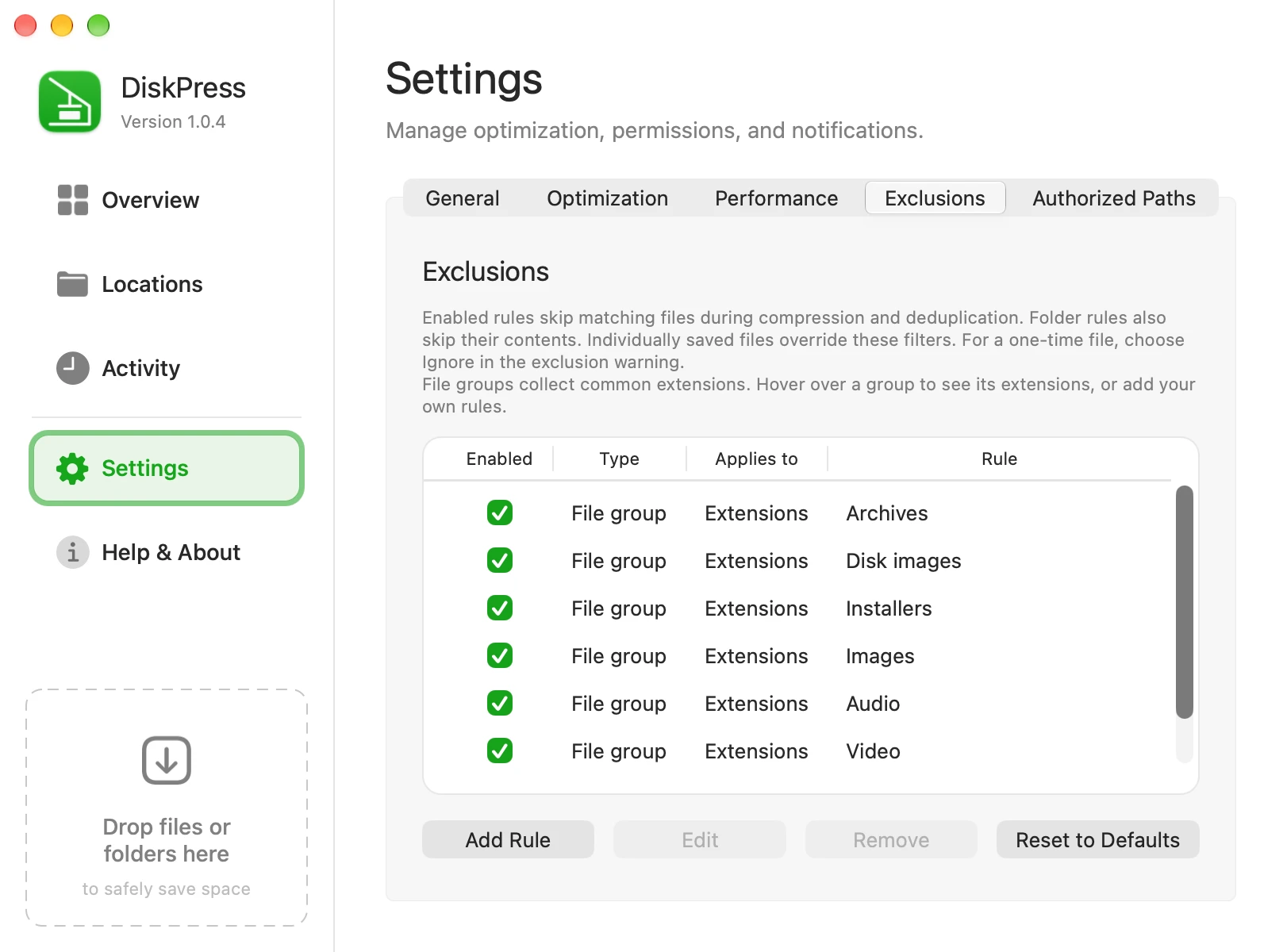 DiskPress Settings with the Exclusions tab selected, showing enabled file groups for archives, disk images, installers, images, audio, and video.
