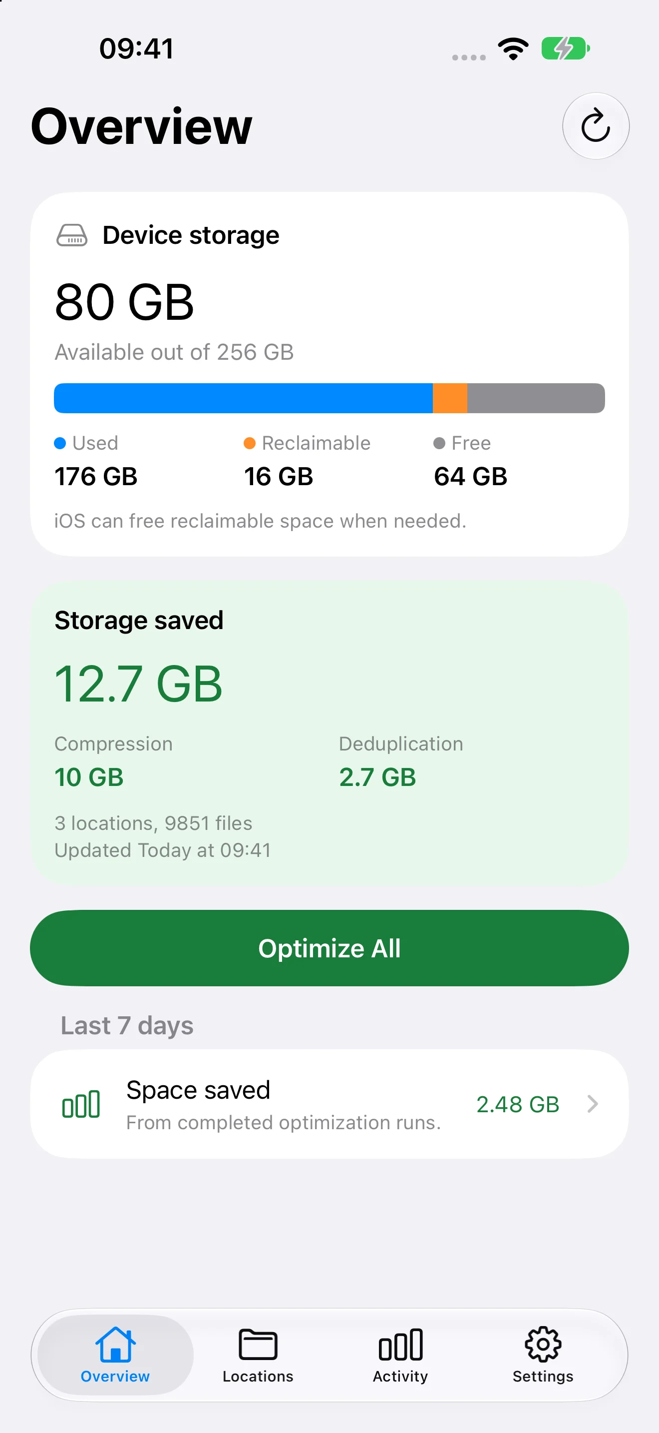 DiskPress for Files Overview on iPhone showing storage available, estimated saved space, and compression and deduplication totals.