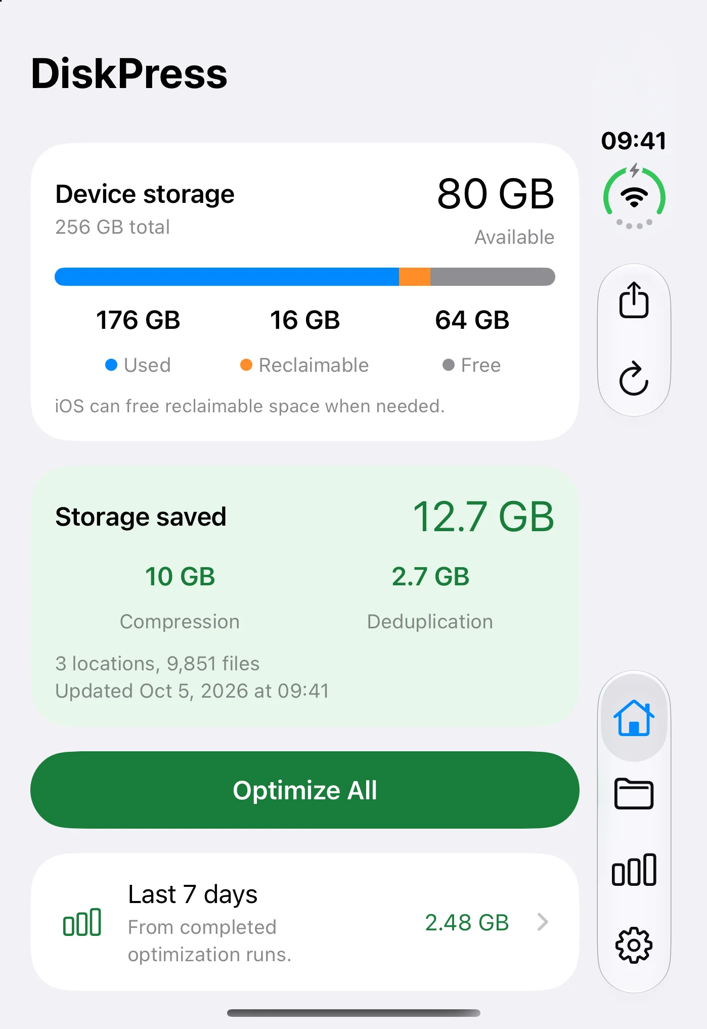 DiskPress for Files auf iPhone Duo mit Gerätespeicher, geschätzten Einsparungen und Alle optimieren.
