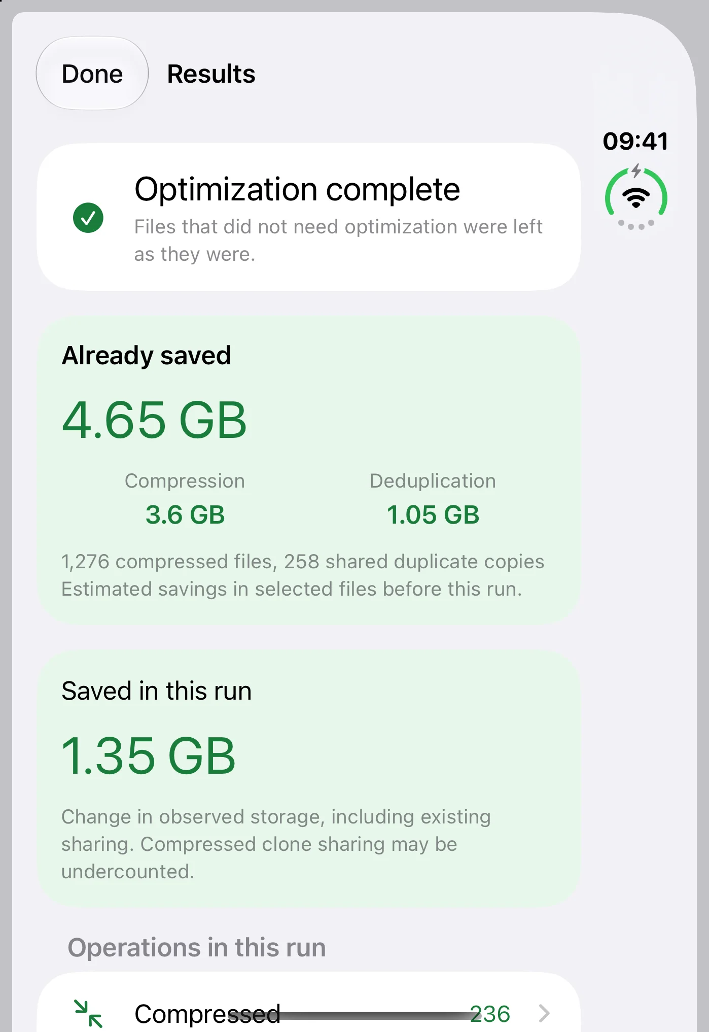 Ergebnisse auf iPhone Duo mit Abschluss, bisherigen und neuen Einsparungen und Dateizahlen.