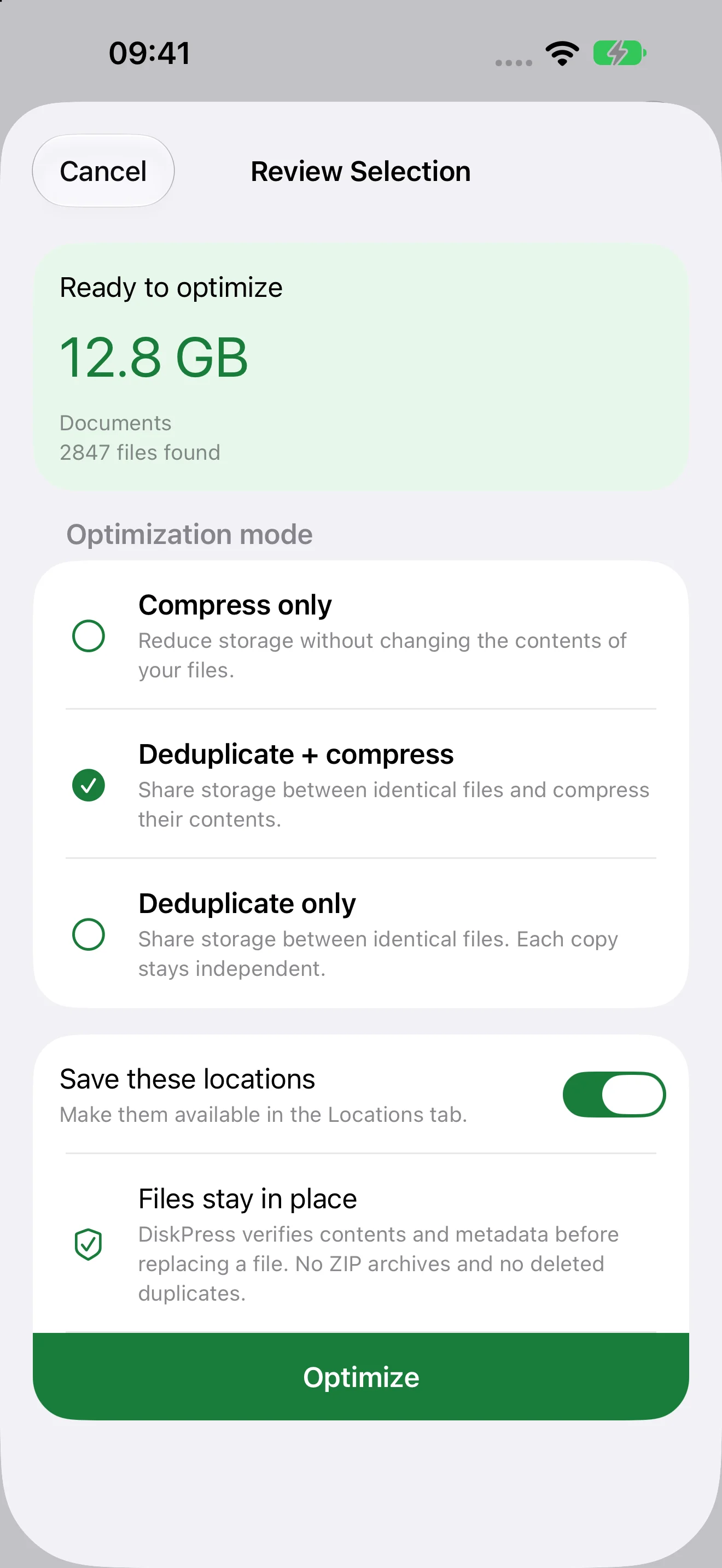 DiskPress for Files Review Selection on iPhone with file count, optimization modes, Save these locations, and the Optimize button.