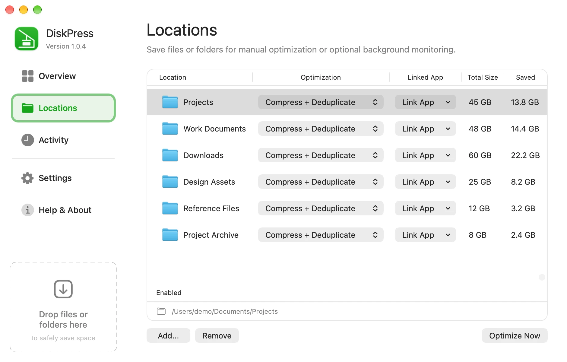 DiskPress Locations listing example folders with their optimization mode, linked app, total size, and measured savings, plus Add, Remove, and Optimize Now controls.