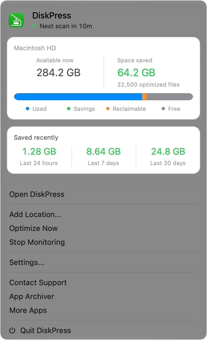 DiskPress menu bar panel in light appearance showing the next scheduled scan, disk space and savings, with Open DiskPress, Add Location, Optimize Now, Stop Monitoring, Settings, Contact Support, App Archiver, More Apps, and Quit actions.
