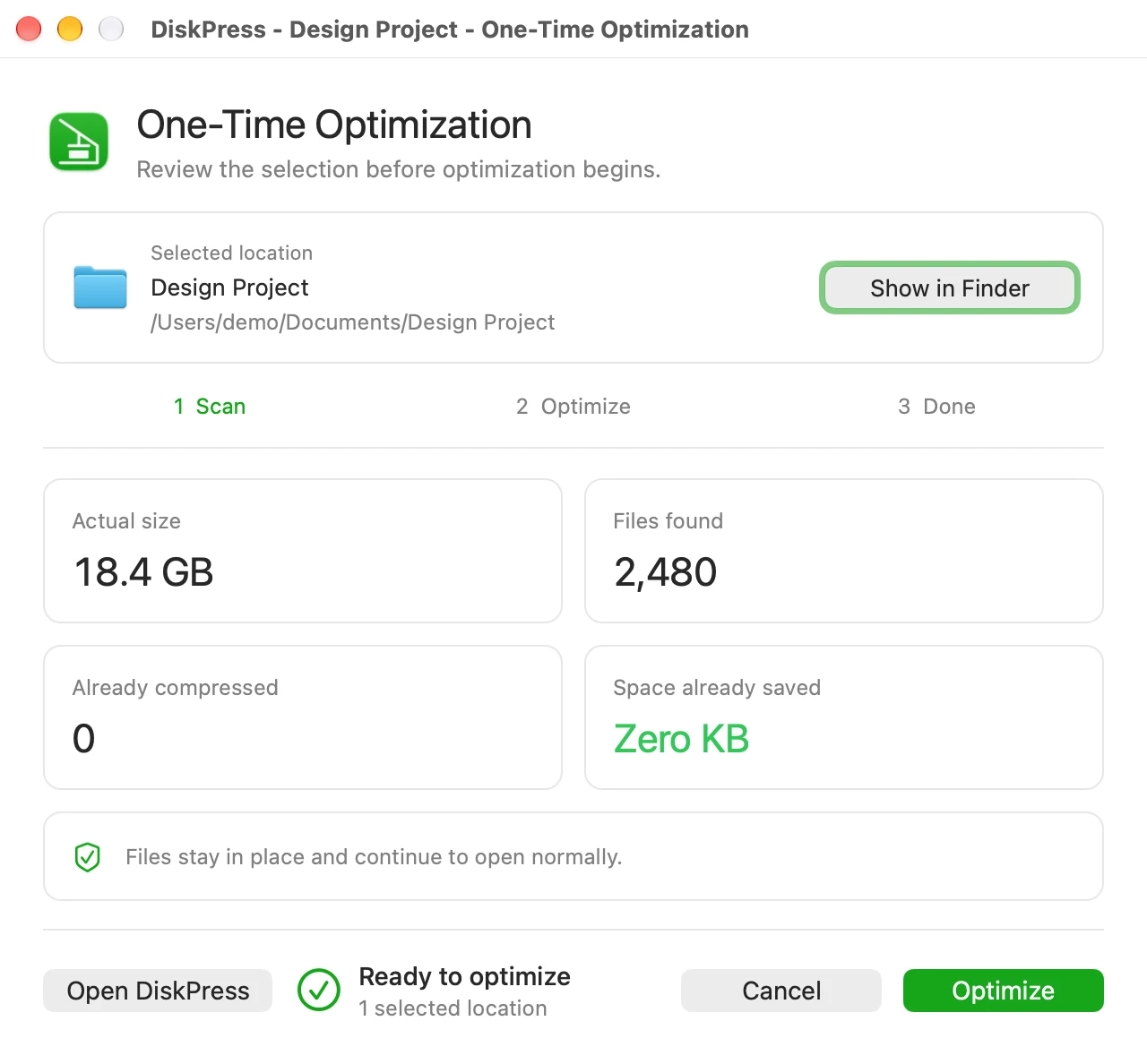 DiskPress one-time optimization review showing the selected Design Project folder, file count, actual size, and the Optimize button.